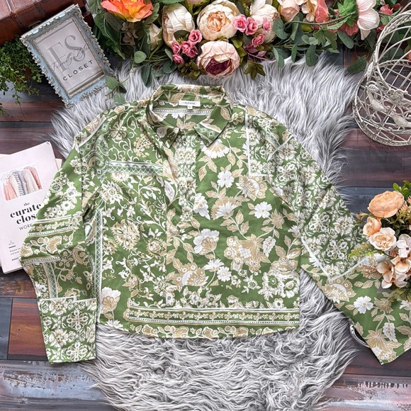 Nordstrom Deep Lime Silk-like Long Sleeve Patch Green Floral Blouse - Picture 2 of 13